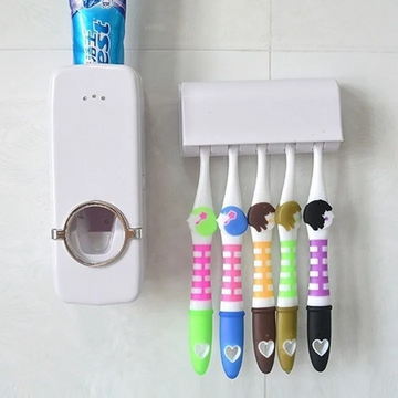 Set of Toothpaste Dispenser & Toothbrush Holder - Wall Mounted Toothpaste Dispenser with 5 Toothbrush Holder Set Toothpaste Squeezing Machine