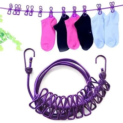 Multi Functional Portable Drying Rope with 12 Clips and 2 Hooks, Travel Clothesline Rope Clothes