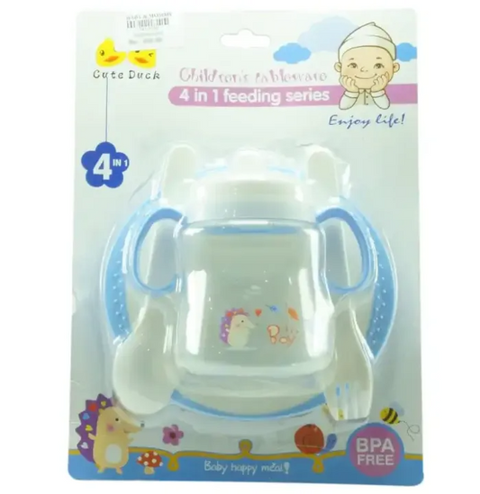 High Quality Cute Duck Childrens Tableware 4 in 1 Feeding Series Training Set - Baby Bowl with Fork and Spoon and Drinking Cup 180ml 6oz - Best Gift for Babies