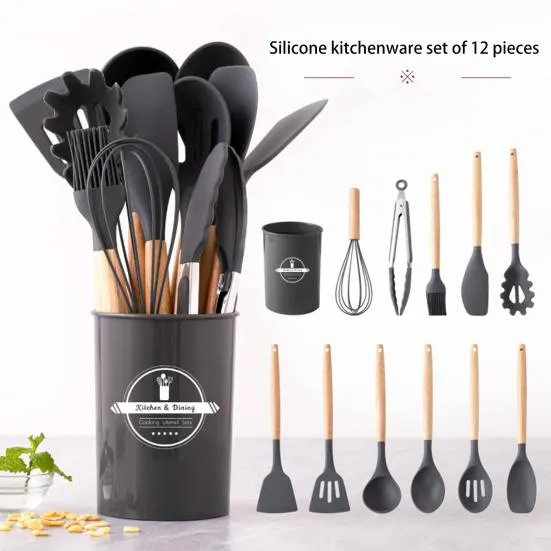 12 Pcs Silicone Cooking Utensils Kitchen Utensil Set - Heat Resistant Non-Toxic BPA Free Spatula Set with Turner Tongs,Spoon,Brush,Whisk-Wooden Handles Kitchen Gadgets Tools Set for Nonstick Cookware