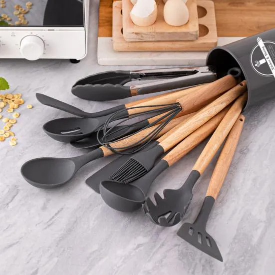 12 Pcs Silicone Cooking Utensils Kitchen Utensil Set - Heat Resistant Non-Toxic BPA Free Spatula Set with Turner Tongs,Spoon,Brush,Whisk-Wooden Handles Kitchen Gadgets Tools Set for Nonstick Cookware