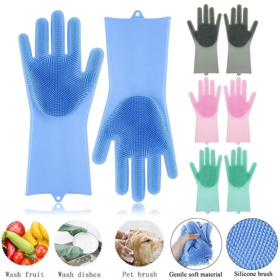 Reusable Silicone Magic Washing Gloves Pair with Scrubber for Kitchen, Bathroom, Car, Pet and Multipurpose Cleaning and Washing (1 Left and 1 Right Hand Silicone Scrub Glove Pair)