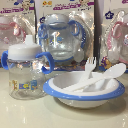 High Quality Cute Duck Childrens Tableware 4 in 1 Feeding Series Training Set - Baby Bowl with Fork and Spoon and Drinking Cup 180ml 6oz - Best Gift for Babies