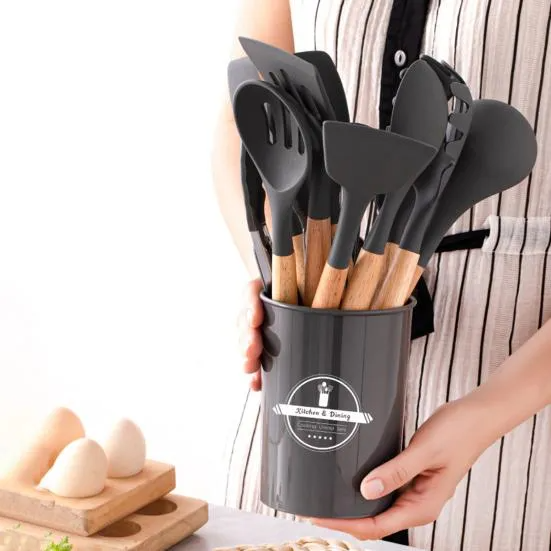 12 Pcs Silicone Cooking Utensils Kitchen Utensil Set - Heat Resistant Non-Toxic BPA Free Spatula Set with Turner Tongs,Spoon,Brush,Whisk-Wooden Handles Kitchen Gadgets Tools Set for Nonstick Cookware